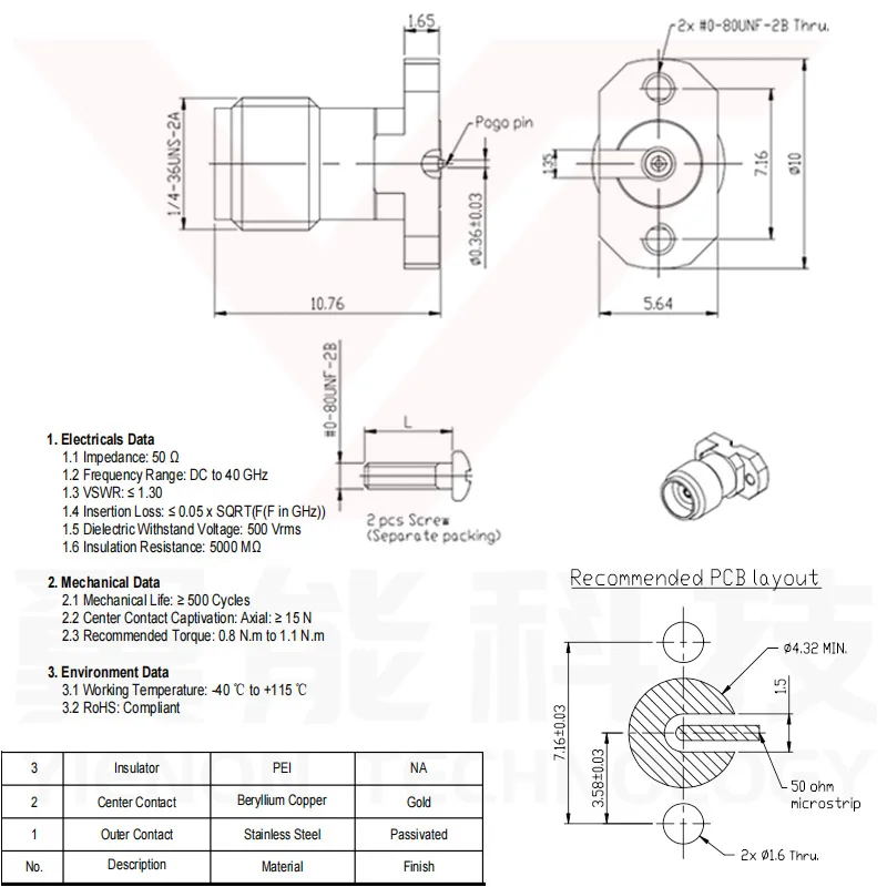 Yienon 2.92mm F RF Connectors PCB Connecter 40GHz POGO Spring PIN Stripline Solderless with Screw Female Coaxial Adapter Jack