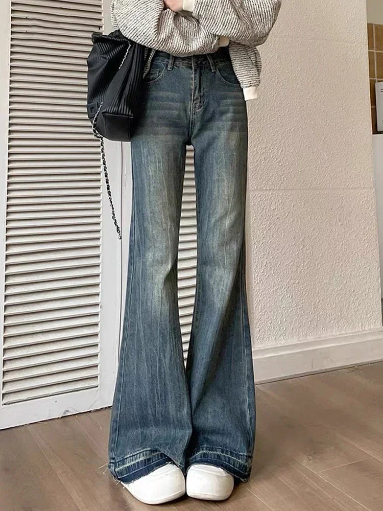 

Women's Casual Retro Blue Micro Flared Jeans Spring and Autumn New American Yk2 Fashion Women High Waisted Loose Flared Jeans