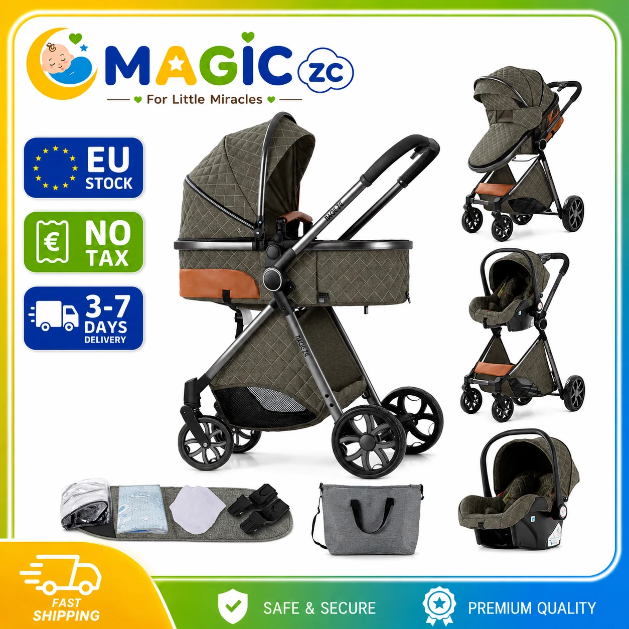 3-in-1 Kinderwagen für Neugeborene, Babytragetasche, Buggy, Wendbarer Kinderwagen, Faltbarer Reise-Kinderwagen mit Babytragetasche, Autositz, Babywiege, Sitzkissen, Wickeltasche, Regenschutz,