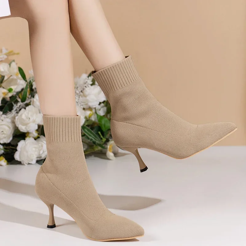 Women Ankle Boots Pointed Toe High Heels Autumn Fashion Women Socks Shoes Stretch Fabric Slip-On Sexy Sock Heeled Chelsea Boots