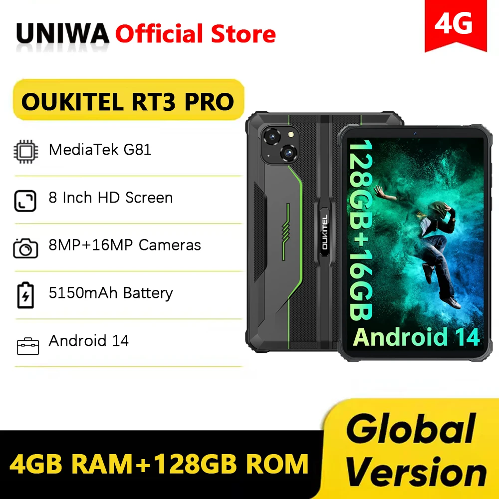 OUKITEL RT3 PRO 4G Rugged Tablet 8Inch HD Display 16(4+12)GB +128GB Waterproof Tablet Pad 5150mAh Battery Android 14.0 Tablet PC