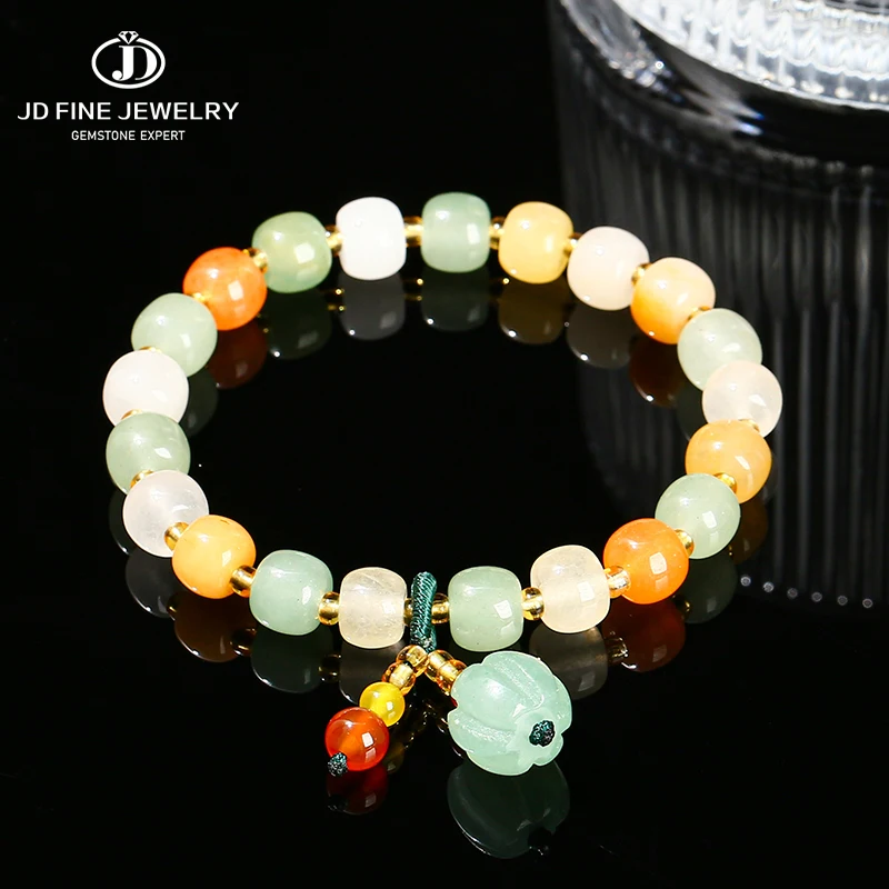 JD Natural Stone Mixed Color Jade Barrel Shape Beads Pumpkin Tassel Pendant Bracelet Women Vintage Handmade Stretch Wrist Gifts