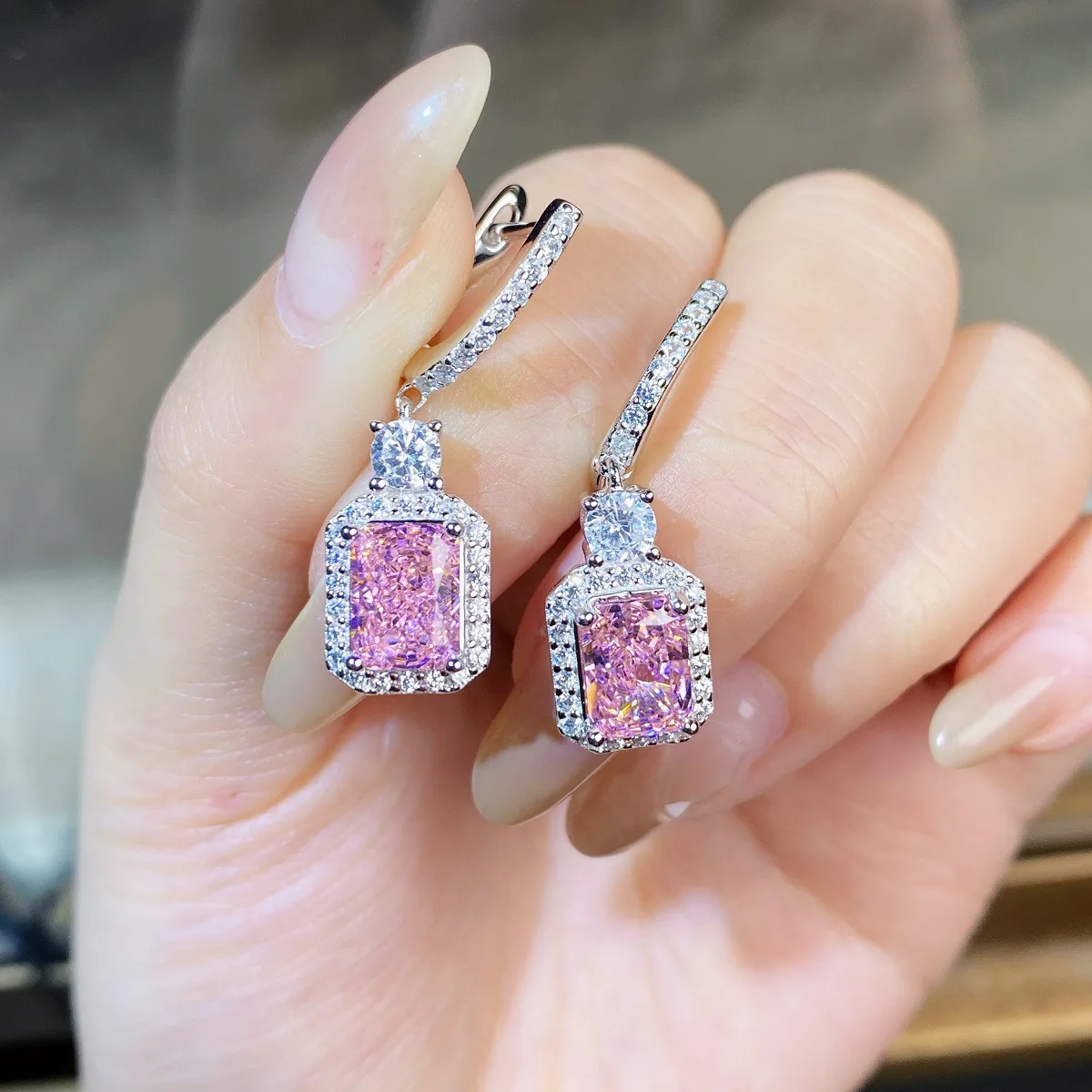 

S925 Sterling Silver Earrings, Cross-border Wholesale From Europe and America, Ins Style Versatile Pink Redion Cut Earrings