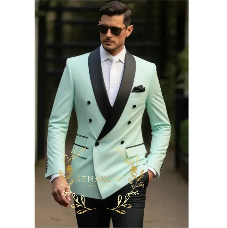 

Fashion Light Green Men's Suits Double Breasted Shawl Lapel Slim Fit 2 Pieces Jacket Pants Sets Elegant Male Clothing Outfits