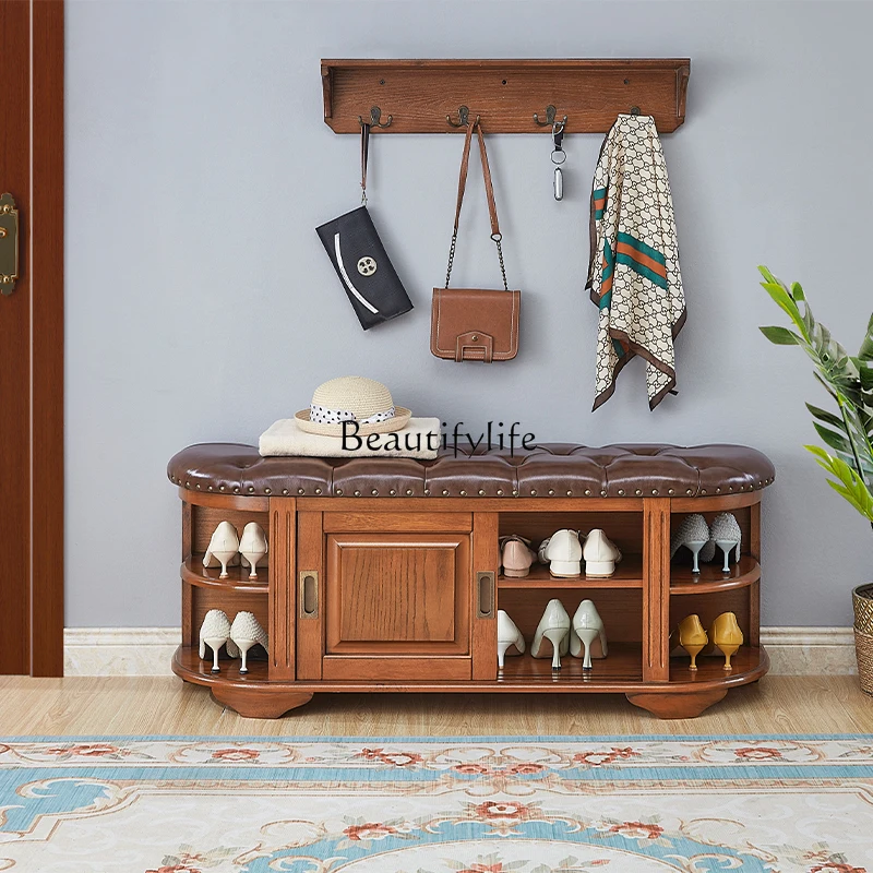 

American solid wood shoe changing stool leather home entrance door shoe rack