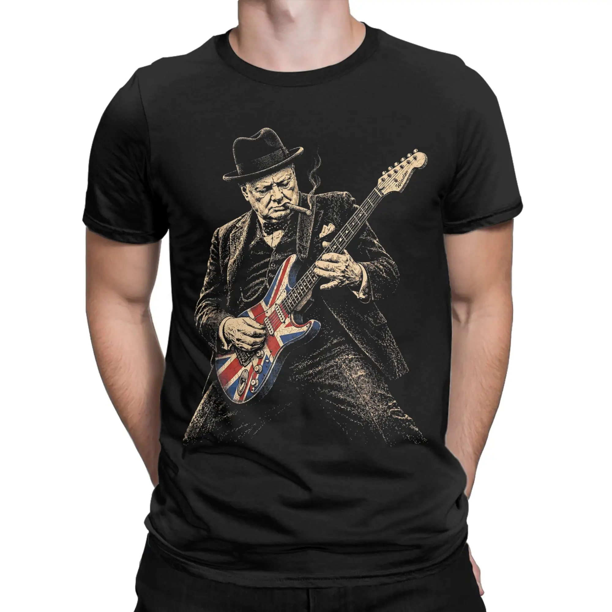 Oversized T-Shirt Summer Winston Churchill Playing Guitar Rocker Cool T Shirts  Cotton Tee Shirt for Mens Short Sleeve Top Tees
