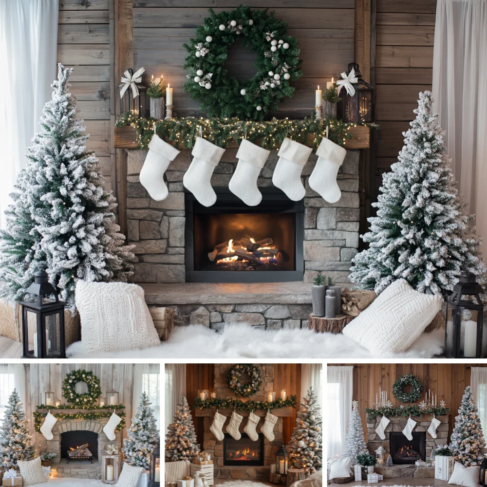 Stone Fireplace Xmas Backdrop Snow Tree Wreath White Stocking Background Cloth For Newborn Family Holiday Portrait Studio Shoot