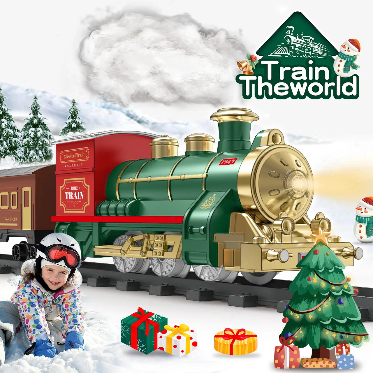 Electric classical steam spray train, light music rail car, children's toy train