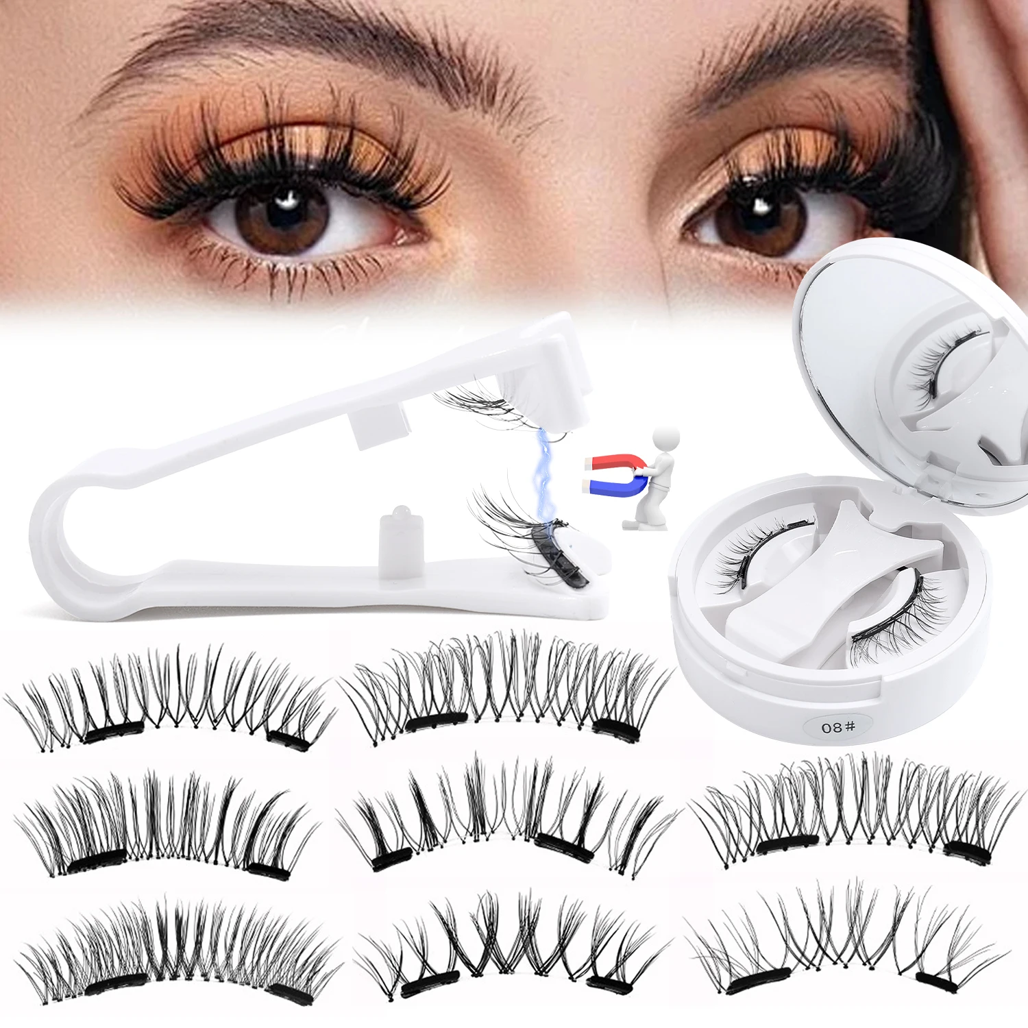 Conjunto de cílios postiços magnéticos, profissional, 3d, magnético com pinça, cílios postiços naturais, fofos, vison, ferramenta de maquiagem para os olhos