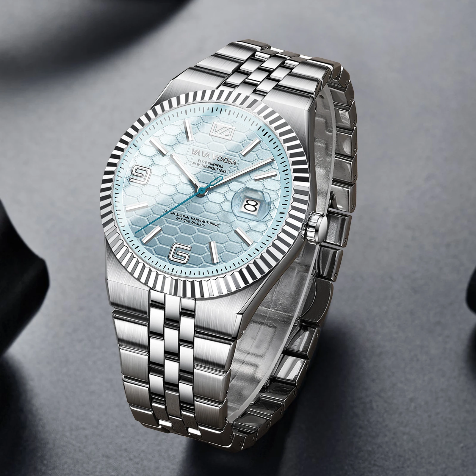 Watch for Men Stainless Steel Business Style 40mm Quartz Movement 3Bar Waterproof Clock Fashion Honeycomb Calendar Wristwatches