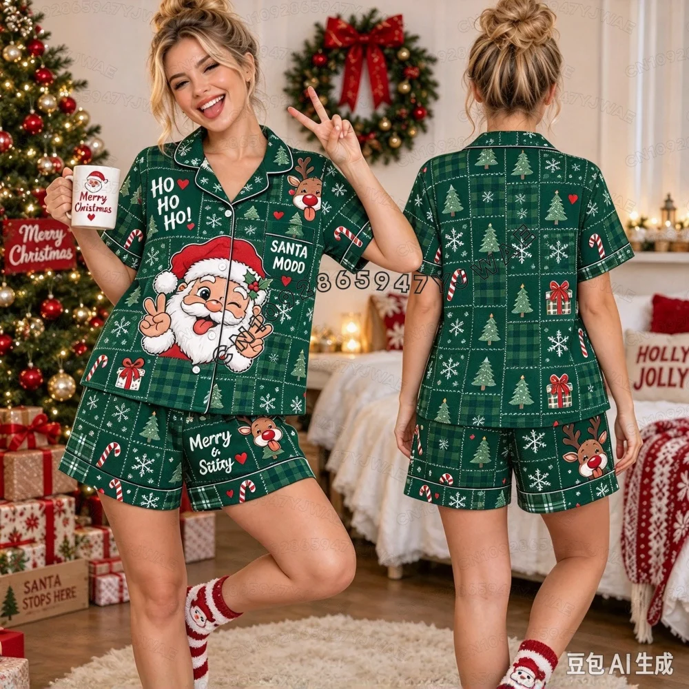 Winter Womens Pajamas Set Christmas Santa Claus Print Sleepwear Tops Shorts Pajama 2 Piece Suit Pyjama WOMEN Nightwear TRACKSUIT
