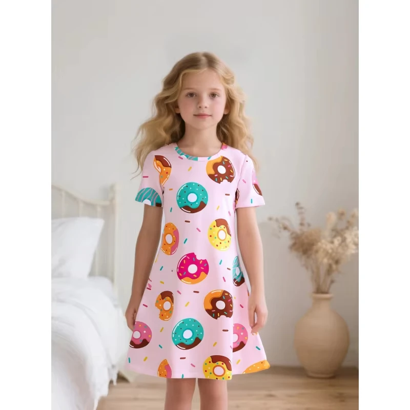 فستان كاجوال بأكمام قصيرة مطبوع عليه دونات وردي للفتيات، تصميم ناعم وعصري ولطيف للفتيات
