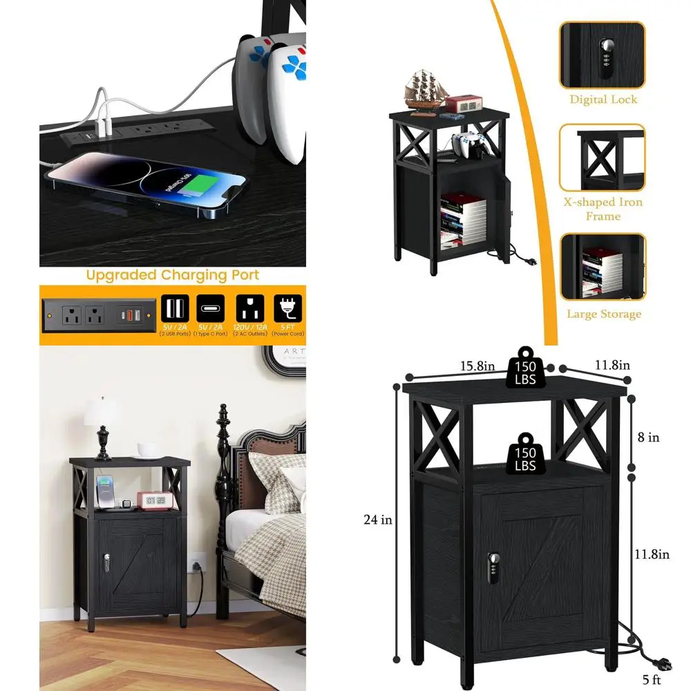 

Черная прикроватная тумбочка для спальни с зарядкой, ящиками, замком, 3 USB-портами и 2 розетками, шкафчик для хранения