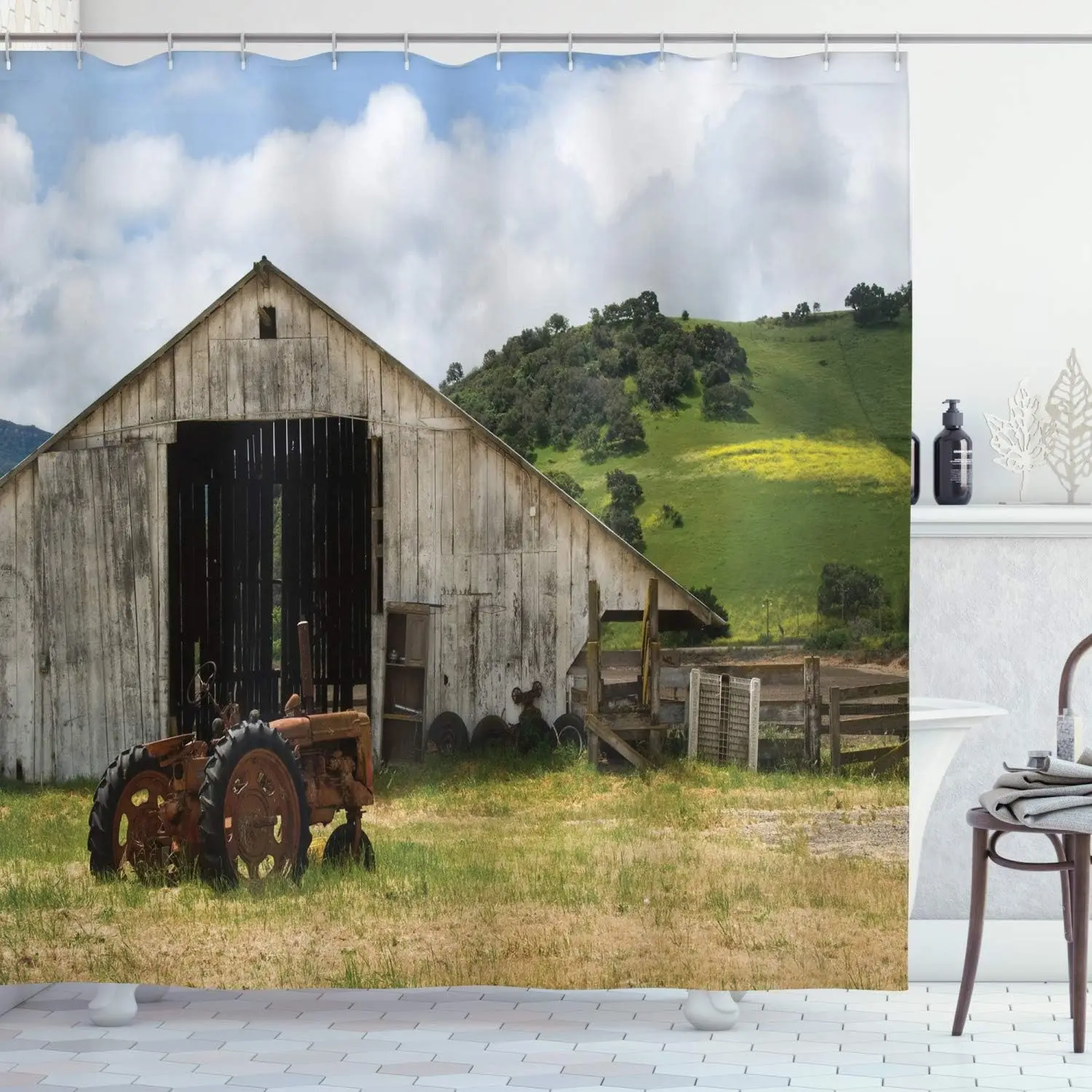 

Rustic Barn Tractor Shower Curtain Country Farm Landscape Decor Linen180x230