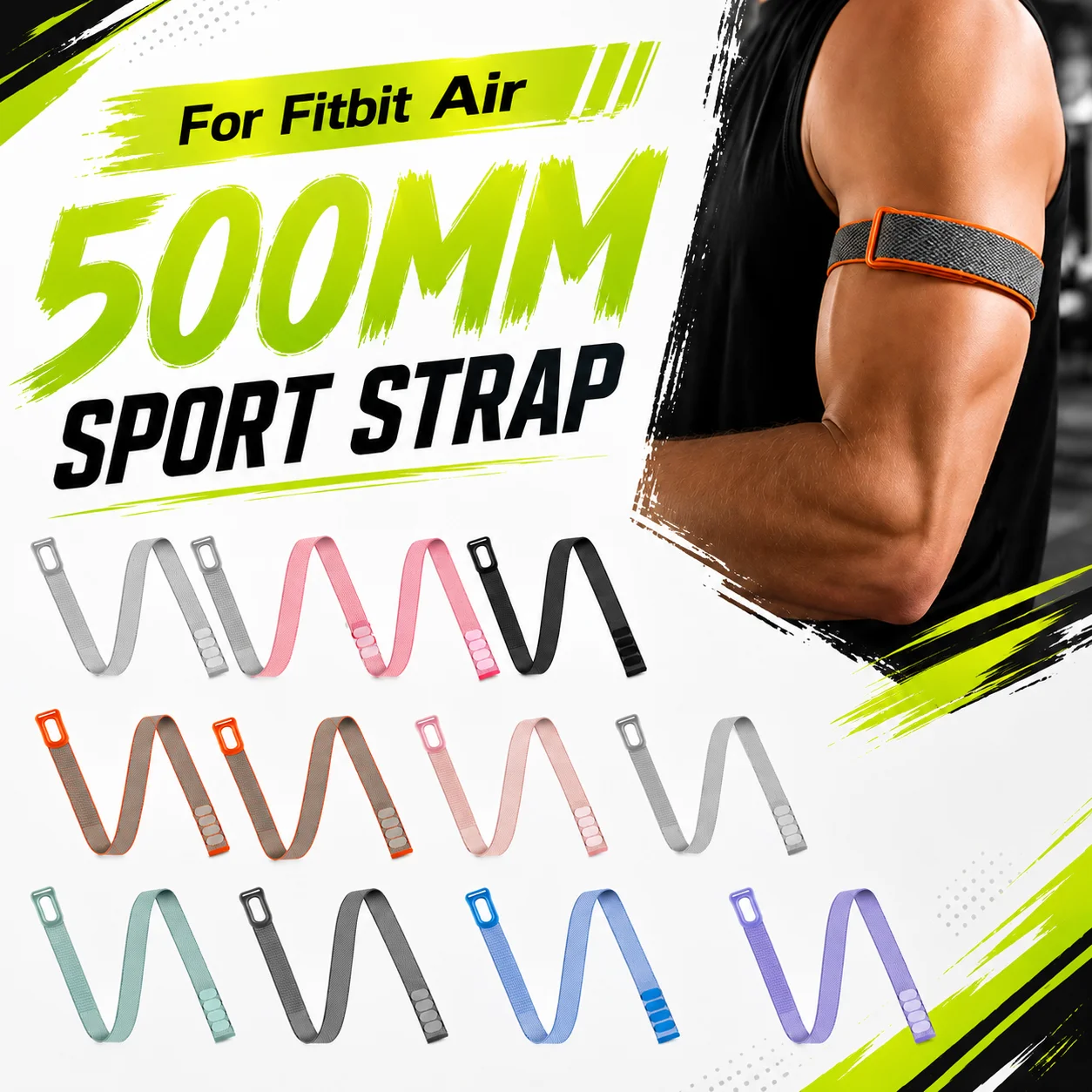 Image of 500 mm Nylon-Bizeps-Armband für Fitbit Air, verstellbarer Sportgurt, atmungsaktiver elastischer Gürtel zum Laufen, Fitness-Zubehör
