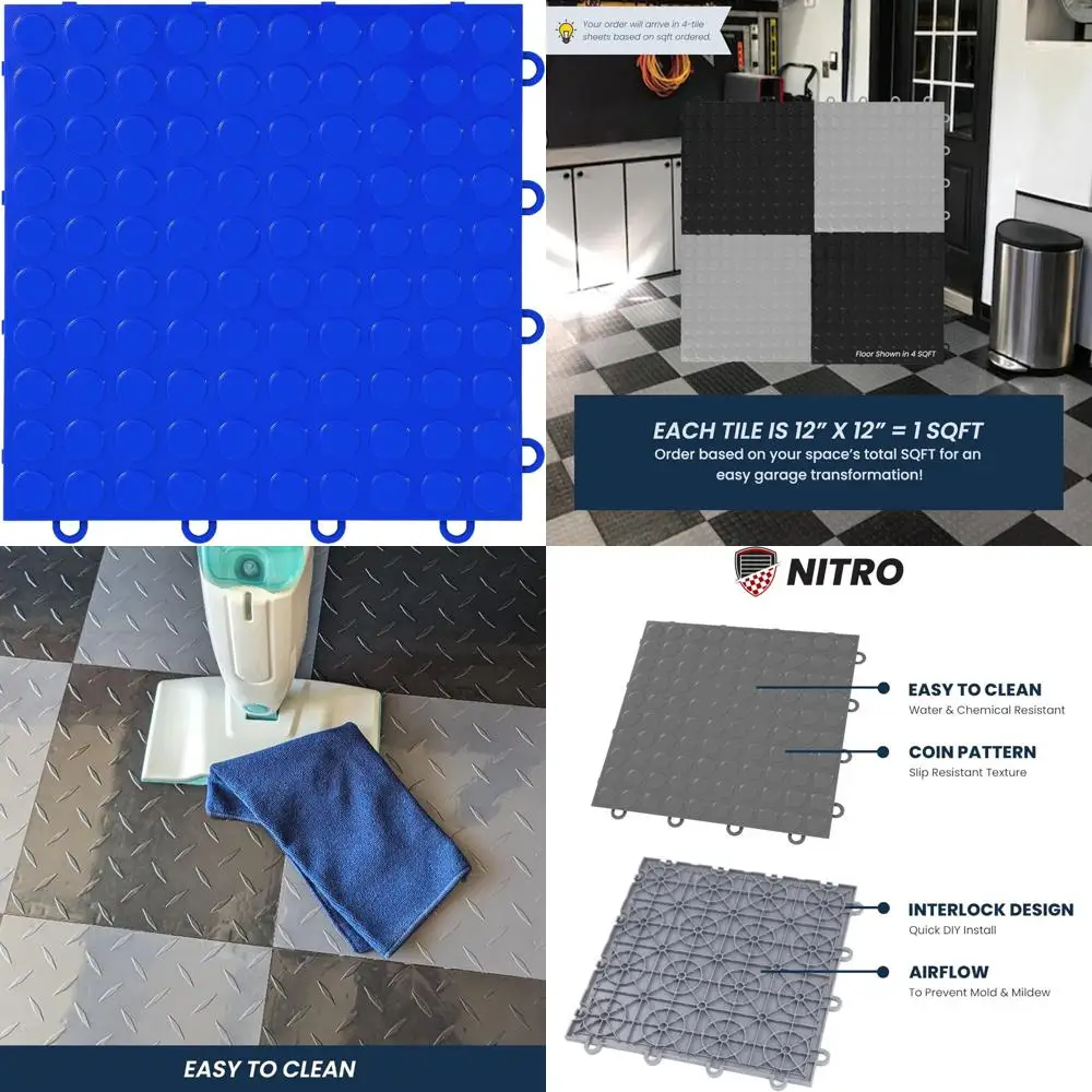 

Non-Slip Interlocking Plastic Garage Floor Tiles, 12x12 Coin Pattern, Snap-Together, Shelby Blu Color, Durable Floor Mat for Gar