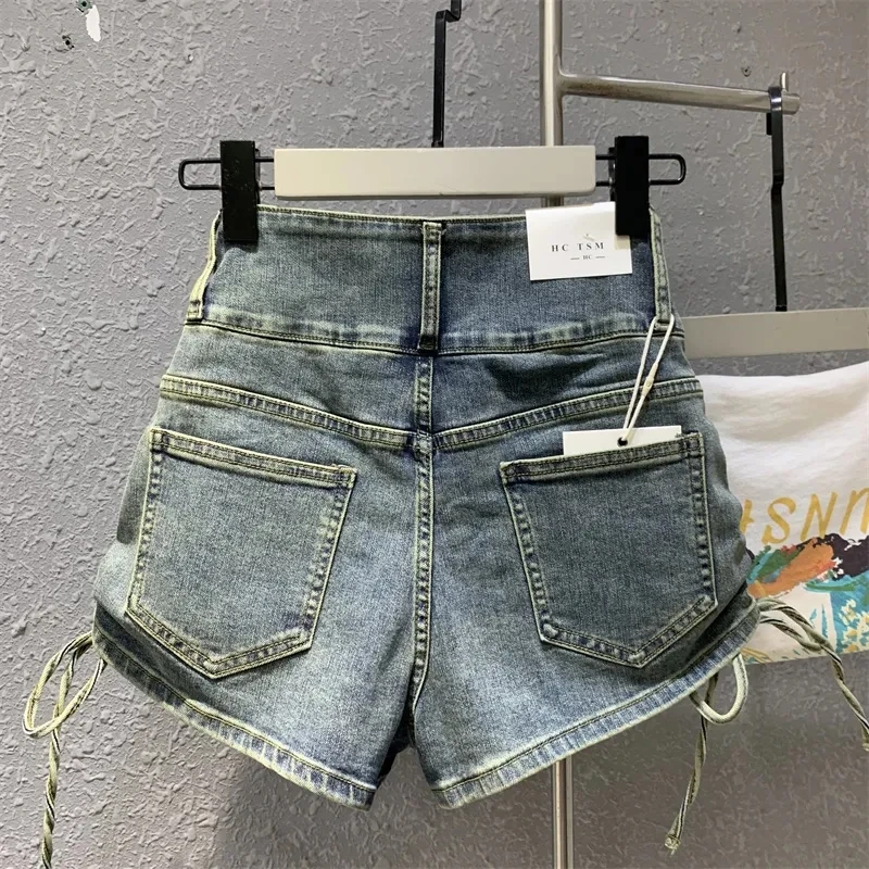 Drawstring Sexy Denim Shorts Women Y2k High Waist Wide Legs Hot Pants Slim Fit A Line Retro Blue Jeans Shorts Female Trend