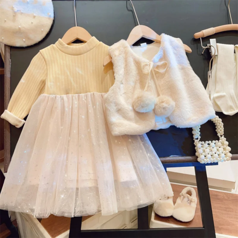 

New Children's Velvet Knitted Mesh Suit Princess Dress2025Autumn and Winter Clothing Two-piece Vest Little Children's Dress