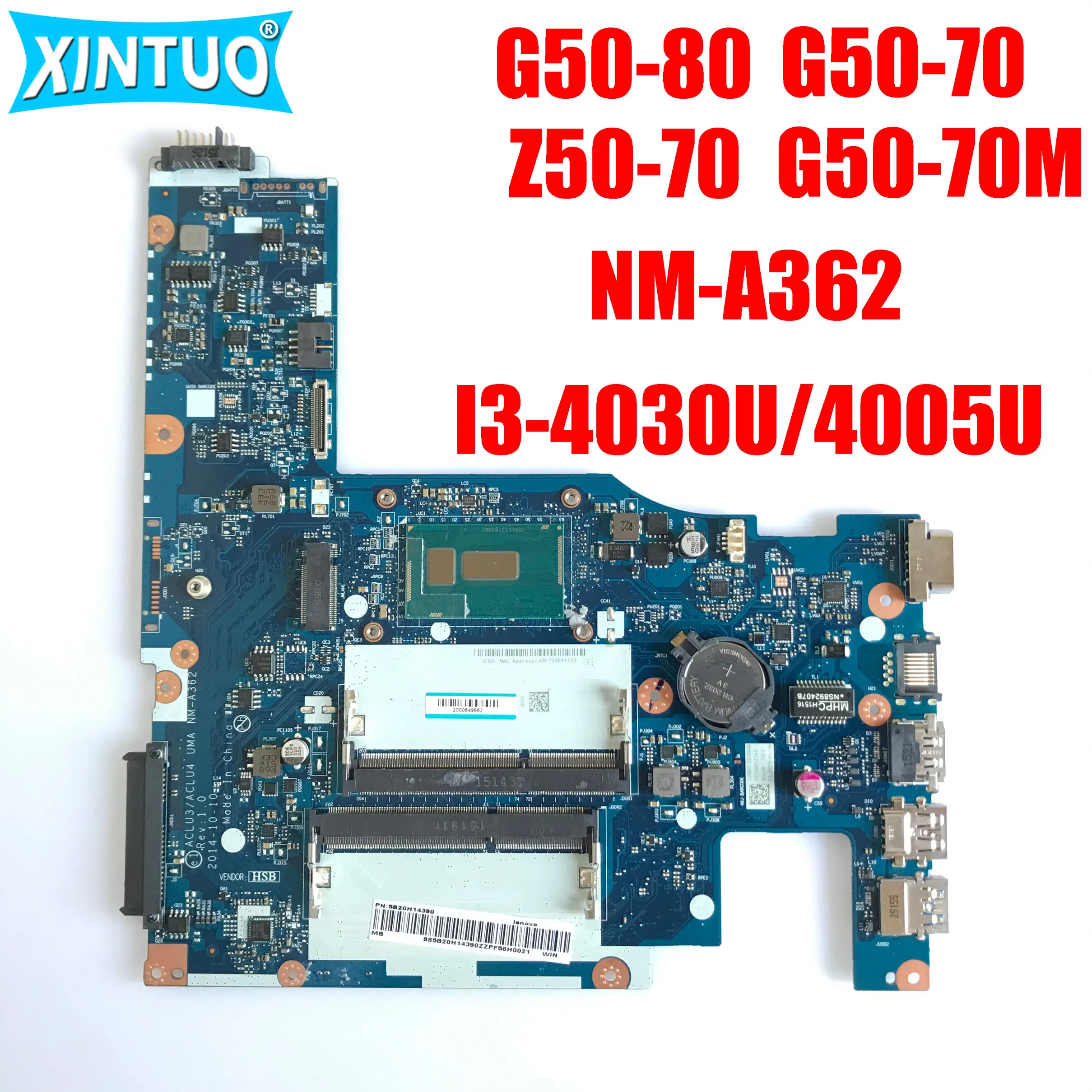 ACLU1/ACLU2 UMA NM-A362 for Lenovo Ideapad G50-80 G50-70 Z50-70 G50-70M   Laptop motherboard with I3 4030U 4005U 100% Test Work