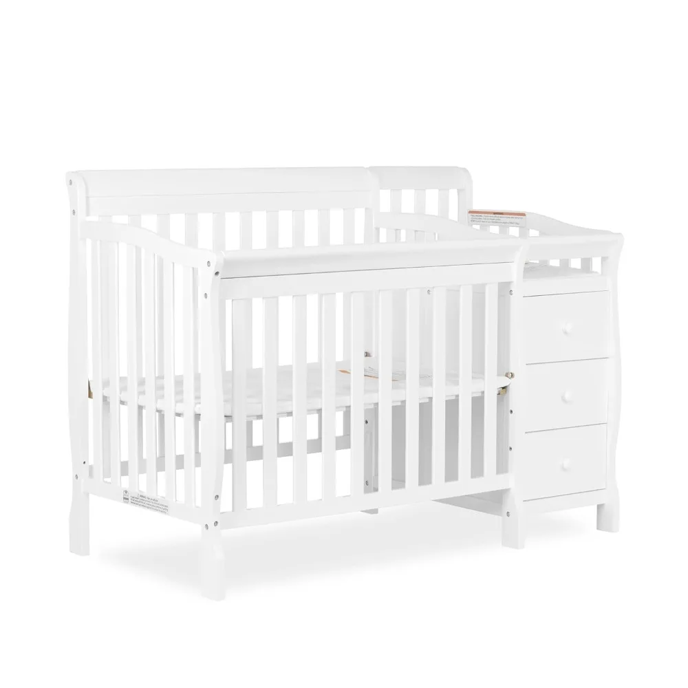 Four in One Mini Convertible Crib and Diaper Changing Station, Non-toxic Coating, New Zealand Pine Wood, 1-inch Mattress