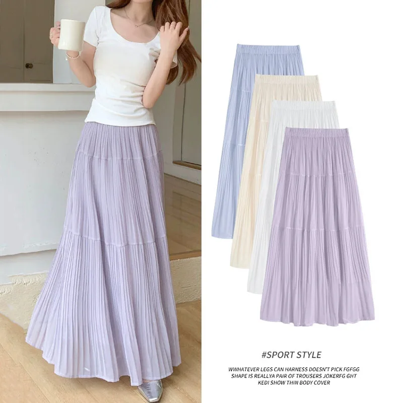 Chiffon Skirts Women 2026 Summer Elastic High Waist Pleated Long Skirt for Female Solid Sheer Patchwork Big Swing A-line Skirts