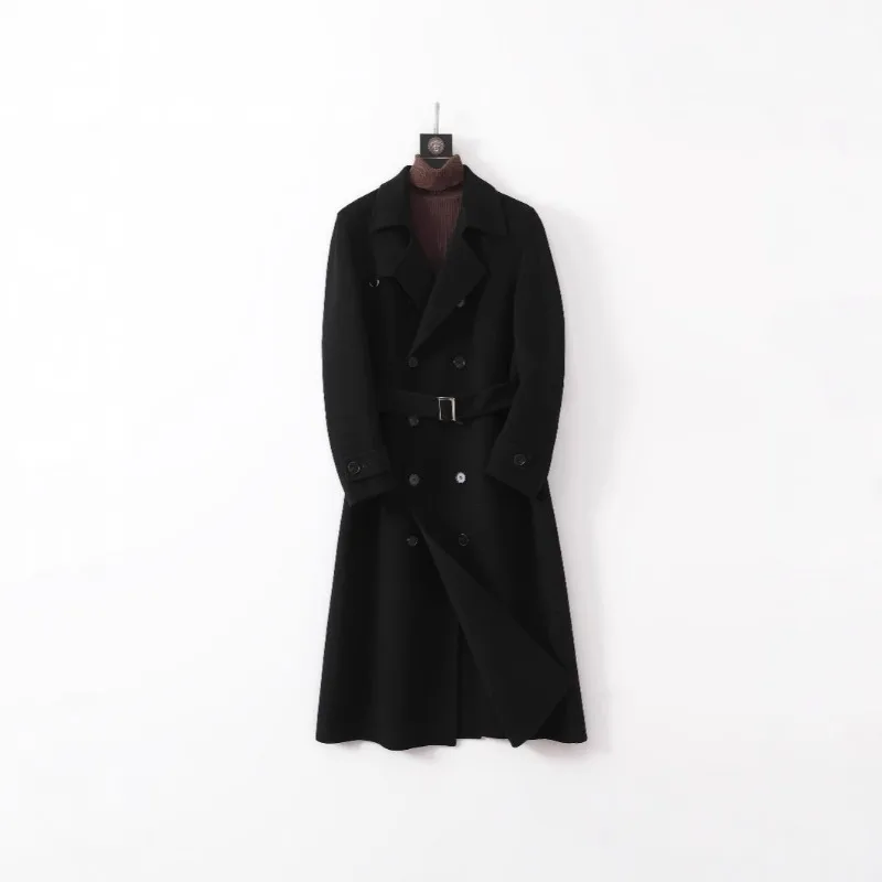

100% Wool Cashmere Coat Men Long Over-the-Knee Woolen Trench Coat