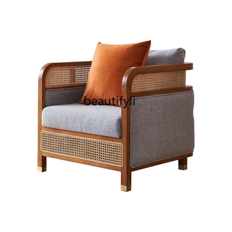A139  Miji Style Simple Solid Wood Sofa Chair Living Room Balcony Rattan Single Leisure   Meeting Guests Conference  Middle Anci