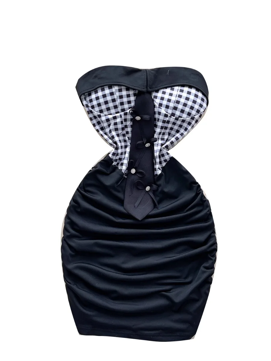 فوملينا دوبامين منقوشة بدون حمالات فستان أنبوبي المرأة الصيف ربطة القوس فيونكة المرقعة سليم صالح رغبة نقية Bodycon فستان قصير