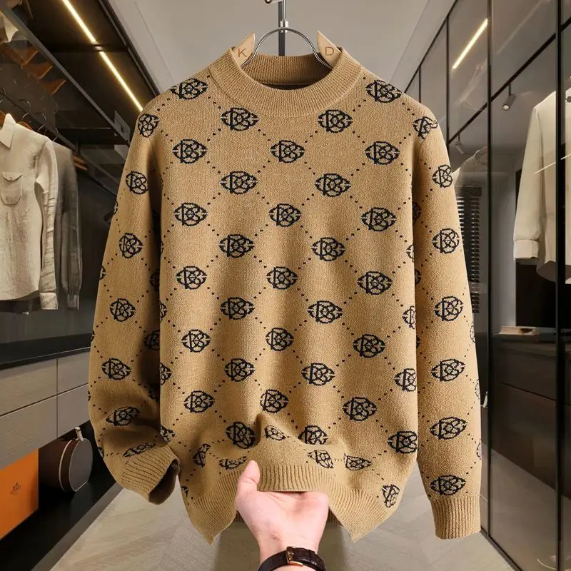 

Мужской круглый вязаный свитер Thened, теплый базовый слой, модный трикотаж с цветочным узором, повседневный длинный топ све