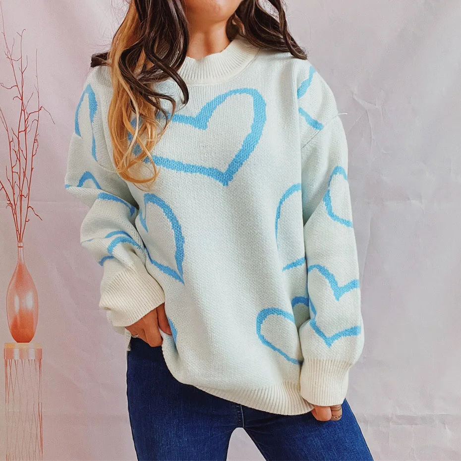 Valentine's Day Love Pattern Sweater Round Neck Long Sleeve Thick Knitted Hoodie for Women