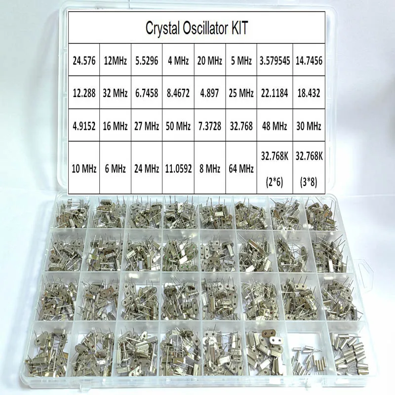 640PCS Hc-49S 32 Kinds X20pcs Crystal Oscillator Electronic Kit Resonator Ceramic Quartz DIP 32.768 4 8 12 16 20 25 MHZ Kit Box