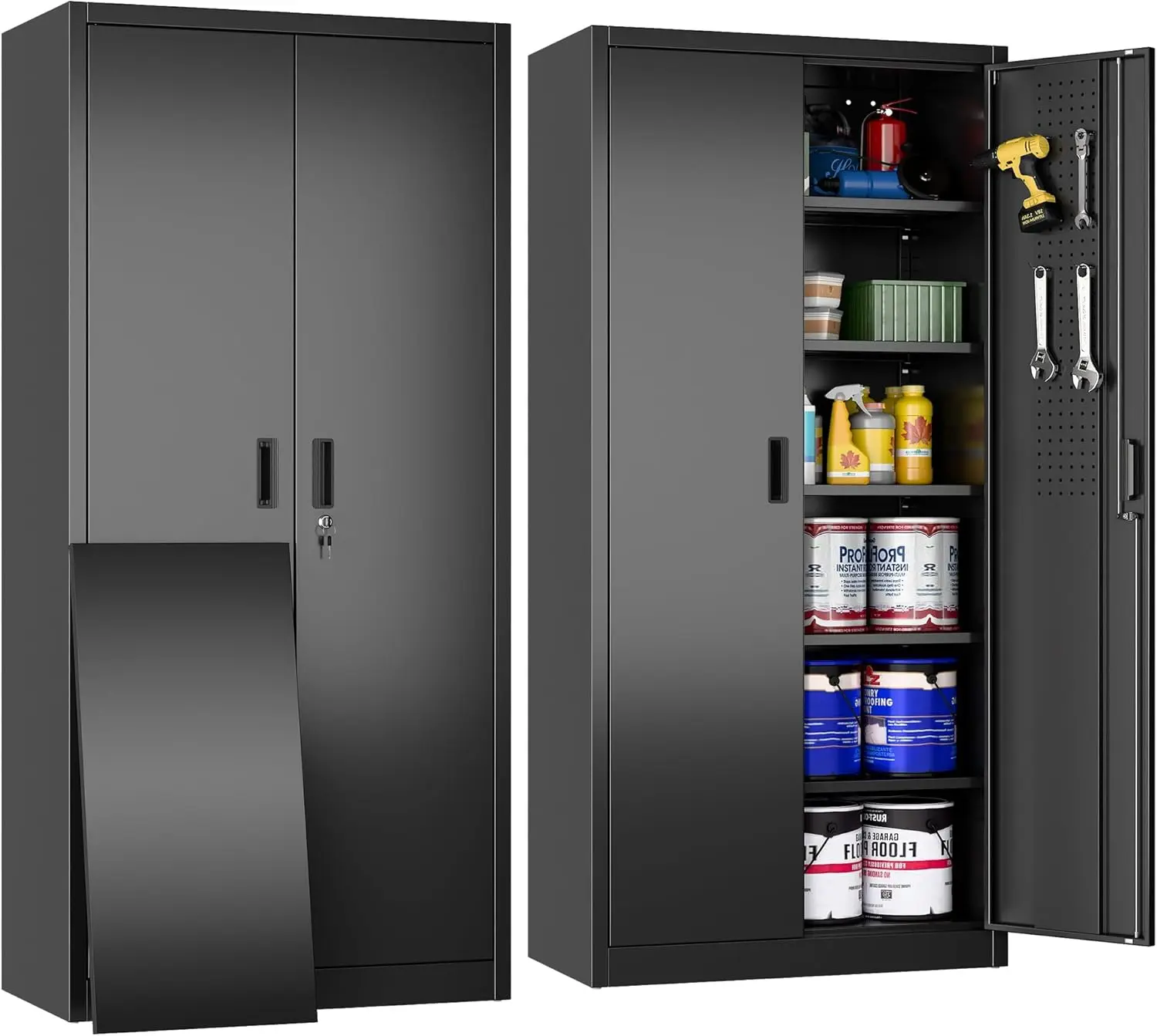 

71" H×32" W×16" D Metal Storage Cabinet with 5 Adjustable Shelves, Locking Garage Storage Cabinet with Pegboards and 4