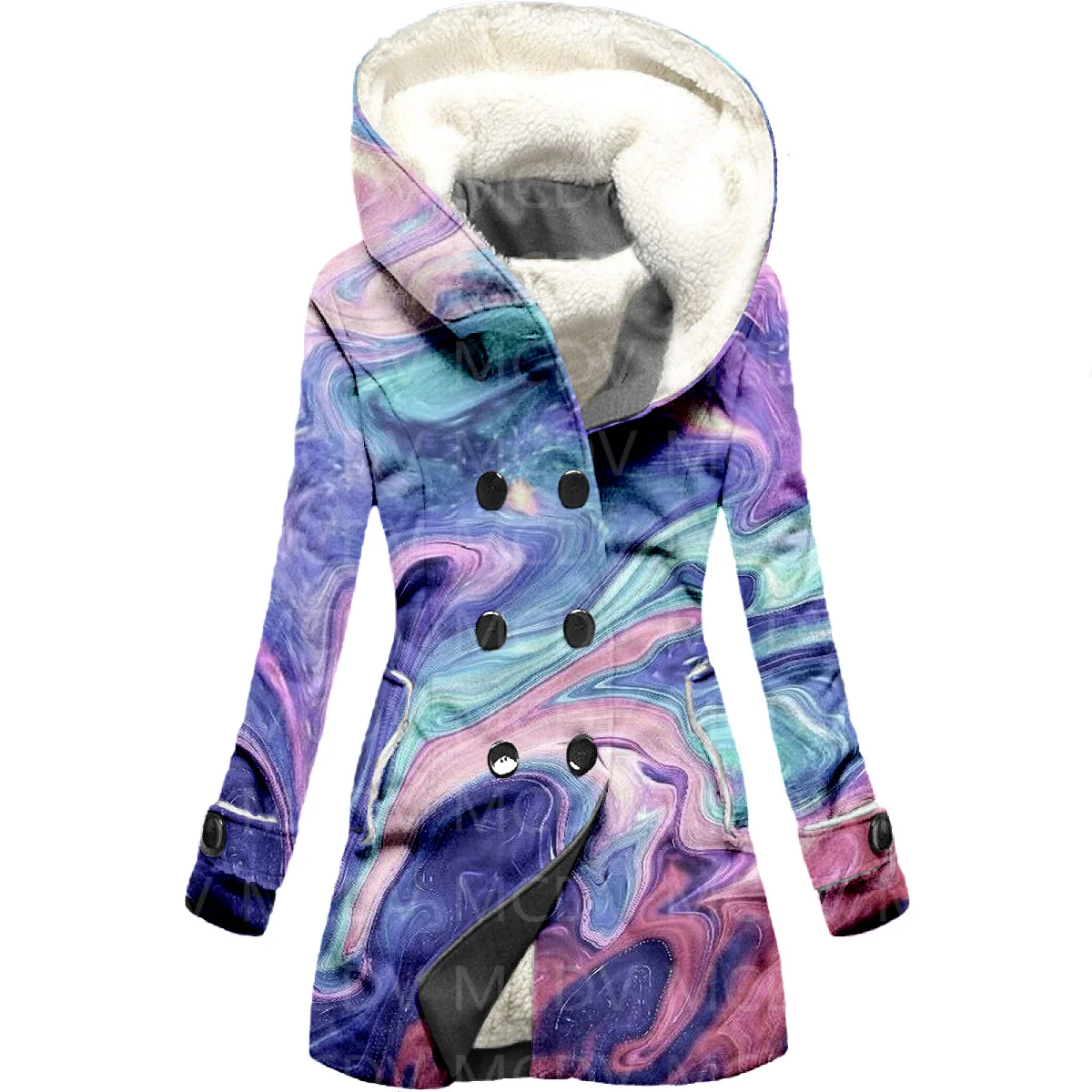 Kleur Drijfzand 3d Geprint Fleece Capuchon Mantel Vrouwen Dikke Warme Jas Dames Winter Warme Overjas