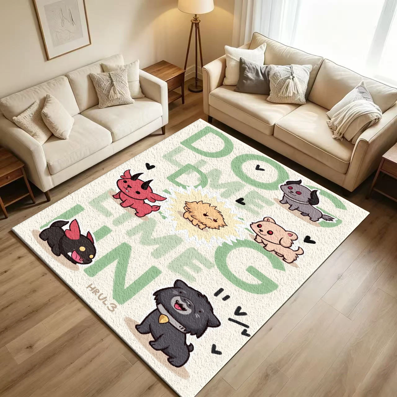 Cute Cartoon Demon Pet Character Carpet Flooring Whimsical Kawaii Monster Puppy Graphic Art Sticker Style Printed Floor Rug for Household Indoor Creative Home Decor