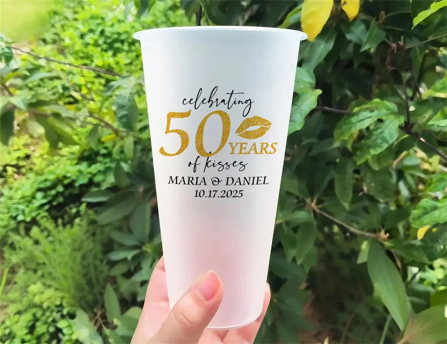 Personalized Anniversary Party Frosted Cups, 50 Years of Kisses, 50th Anniversary Plastic Cups, Custom Anniversary Favor, Golden