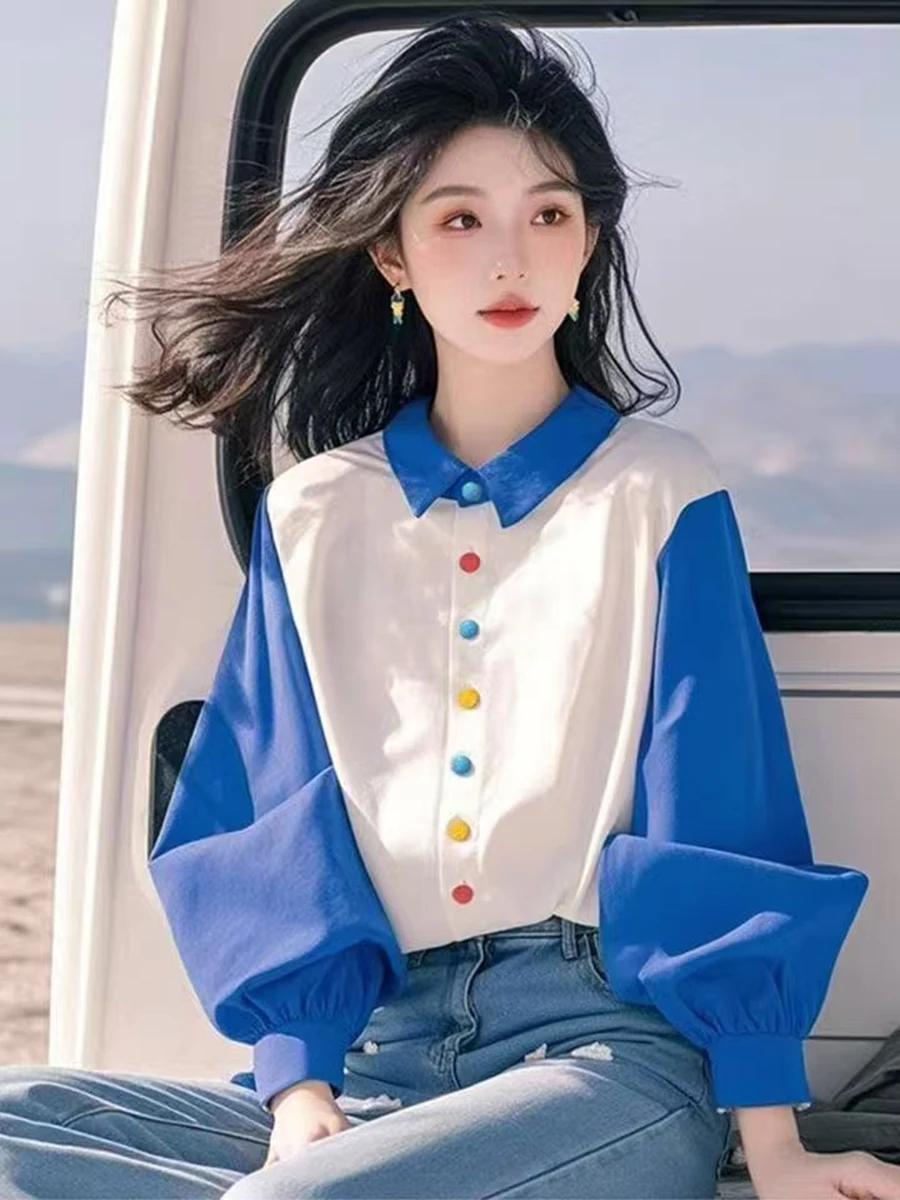 Lanterna Blo di colore blu unica Sve irt Faion Design da donna Primavera Pendolarismo Sle Vestibilità ampia Lunga Sve Ne