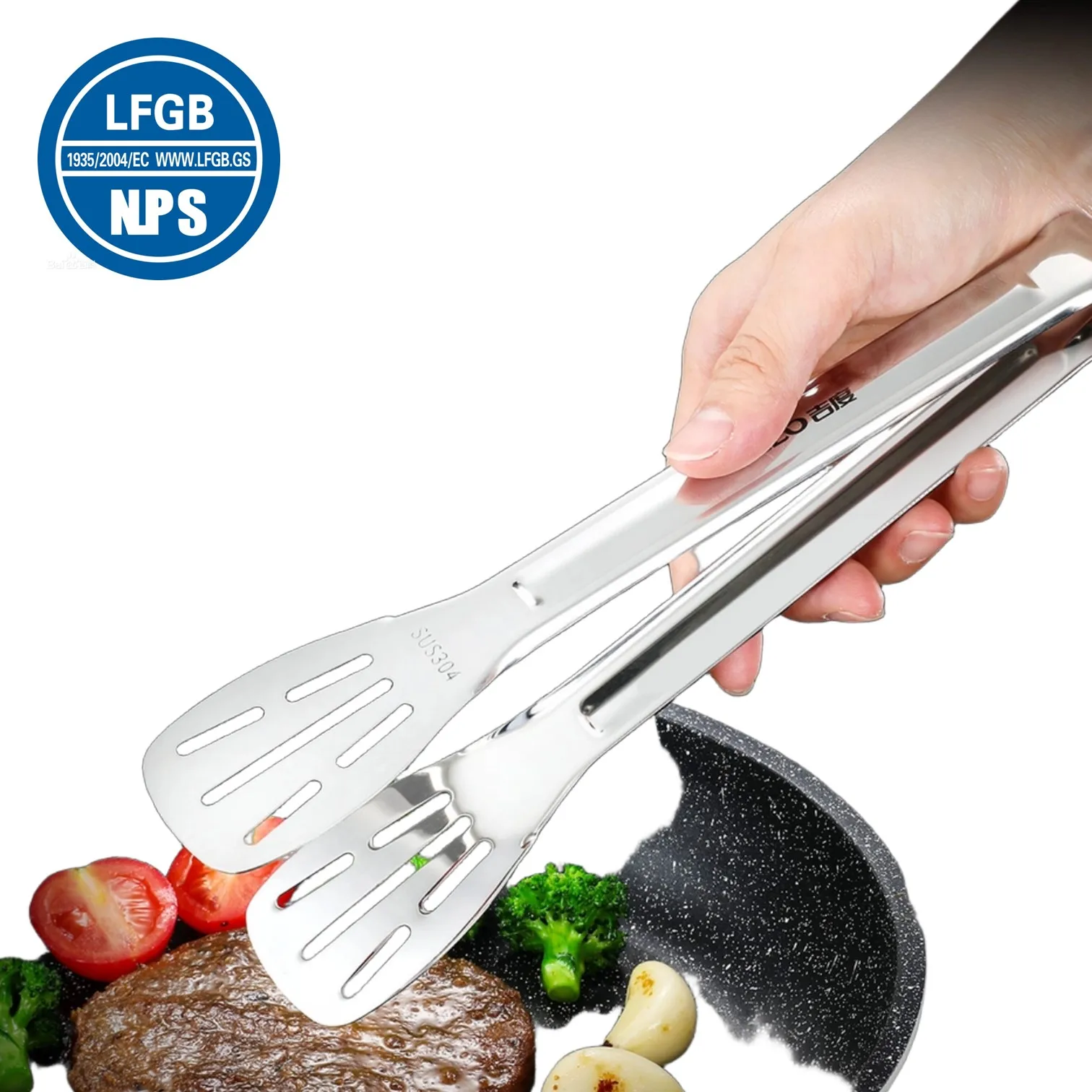 LFGB Certification Kitchen Noodle Cooking Clamp 304 Stainless Steel Barbecue Tongs Well Polished Roast Tool with Drainage Hole