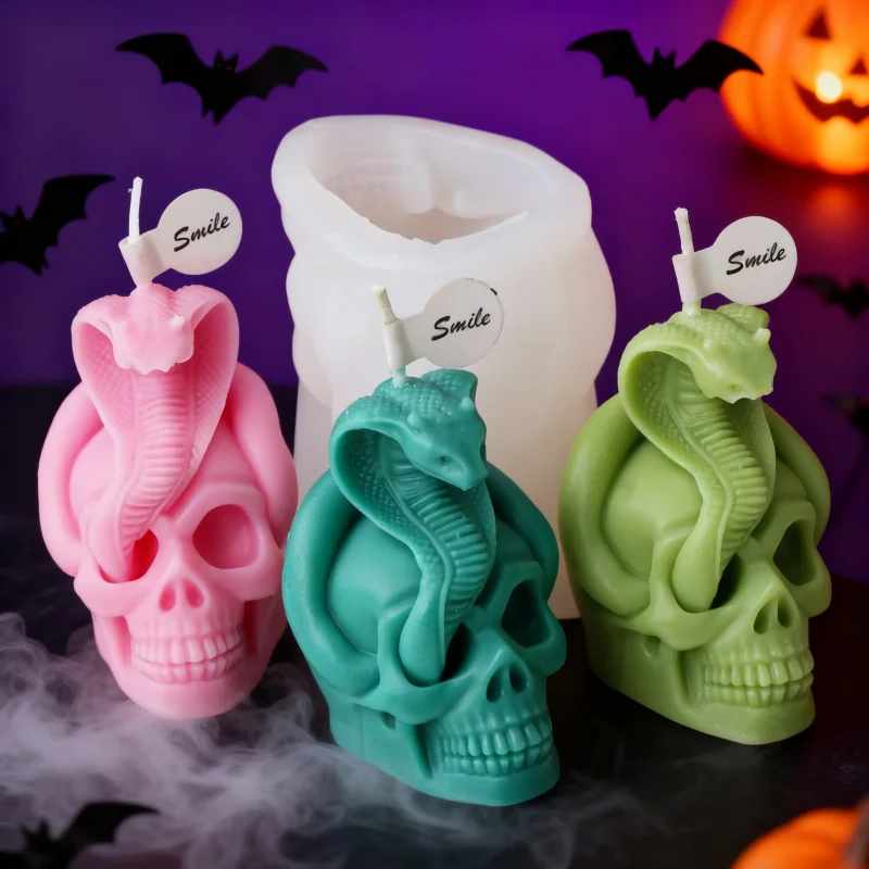 3D Schlangenschädel Silikonform DIY Totenkopf mit Cobra Aromatherapie Wachs Harz Gipsform für Halloween Home Decor Kerzenzubehör