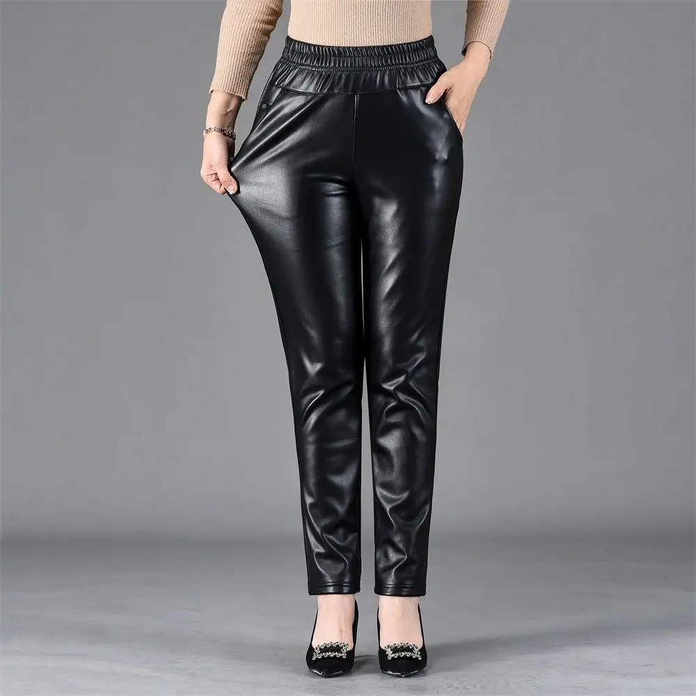 2026 Nieuwe Dameswijde, hoge taille, rechte pijp, fleece gevoerde PU broek Herfst/Winter Buitenkleding Slim Fit Broek