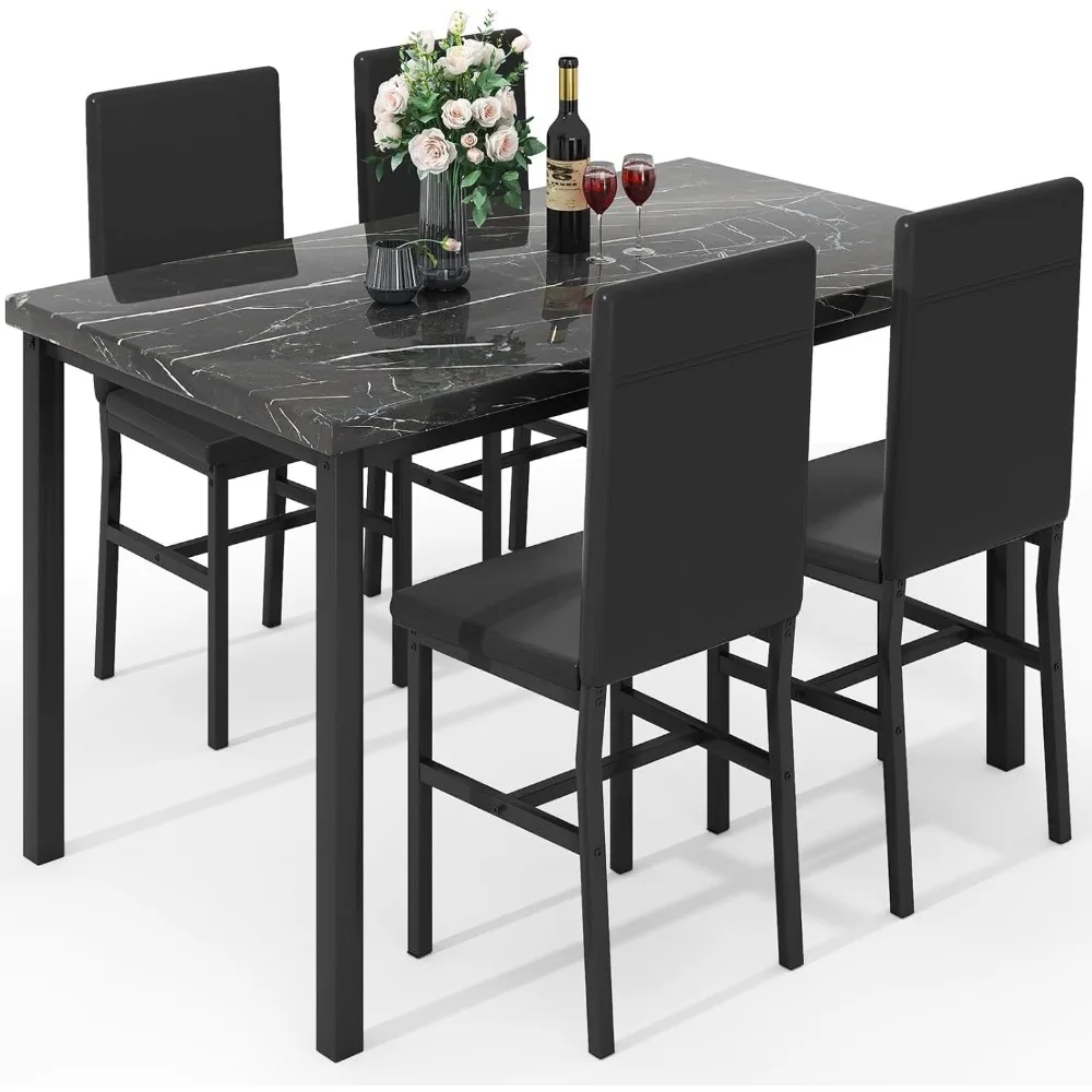 Conjunto de mesa de jantar para 4, conjunto de cadeiras de mesa de cozinha moderna de 4, conjunto de mesa de sala de jantar de mármore falso com 4 cadeiras de couro PU,