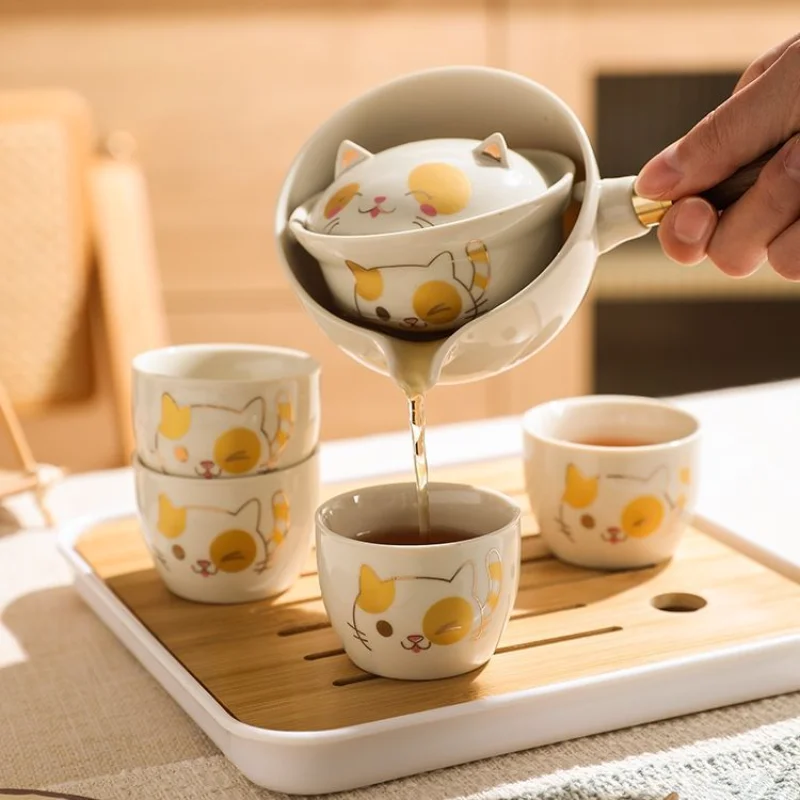 

Lucky Cat Tea Set Portable One Pot Four Cups Travel Outdoor Storage Teacup Tea Tray Teapot Household Tea Making