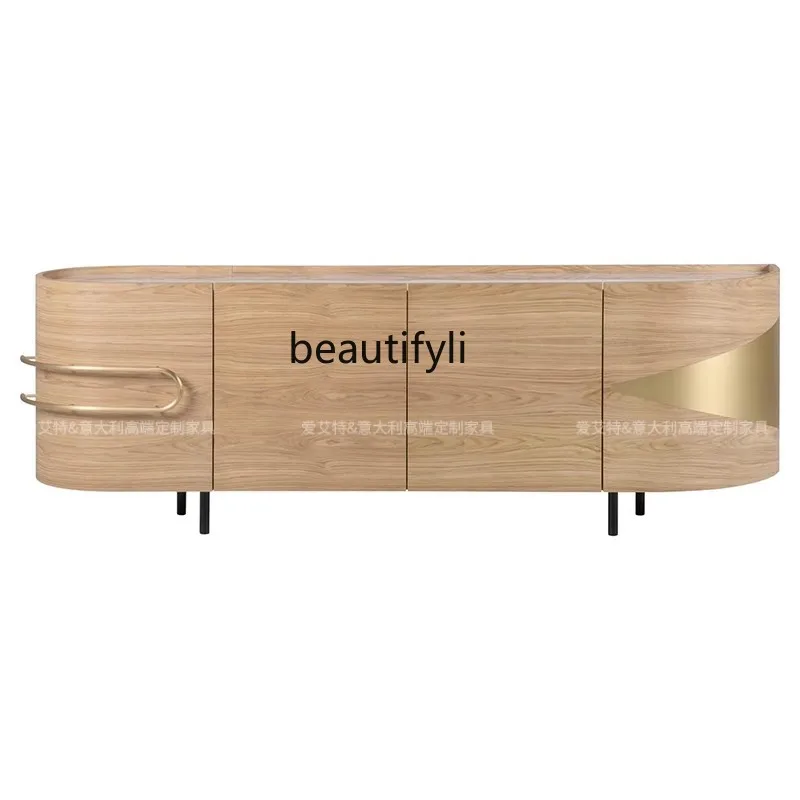 

Italian light luxury natural marble dining side cabinet metal handle solid wood locker bedroom bedside TV cabinet