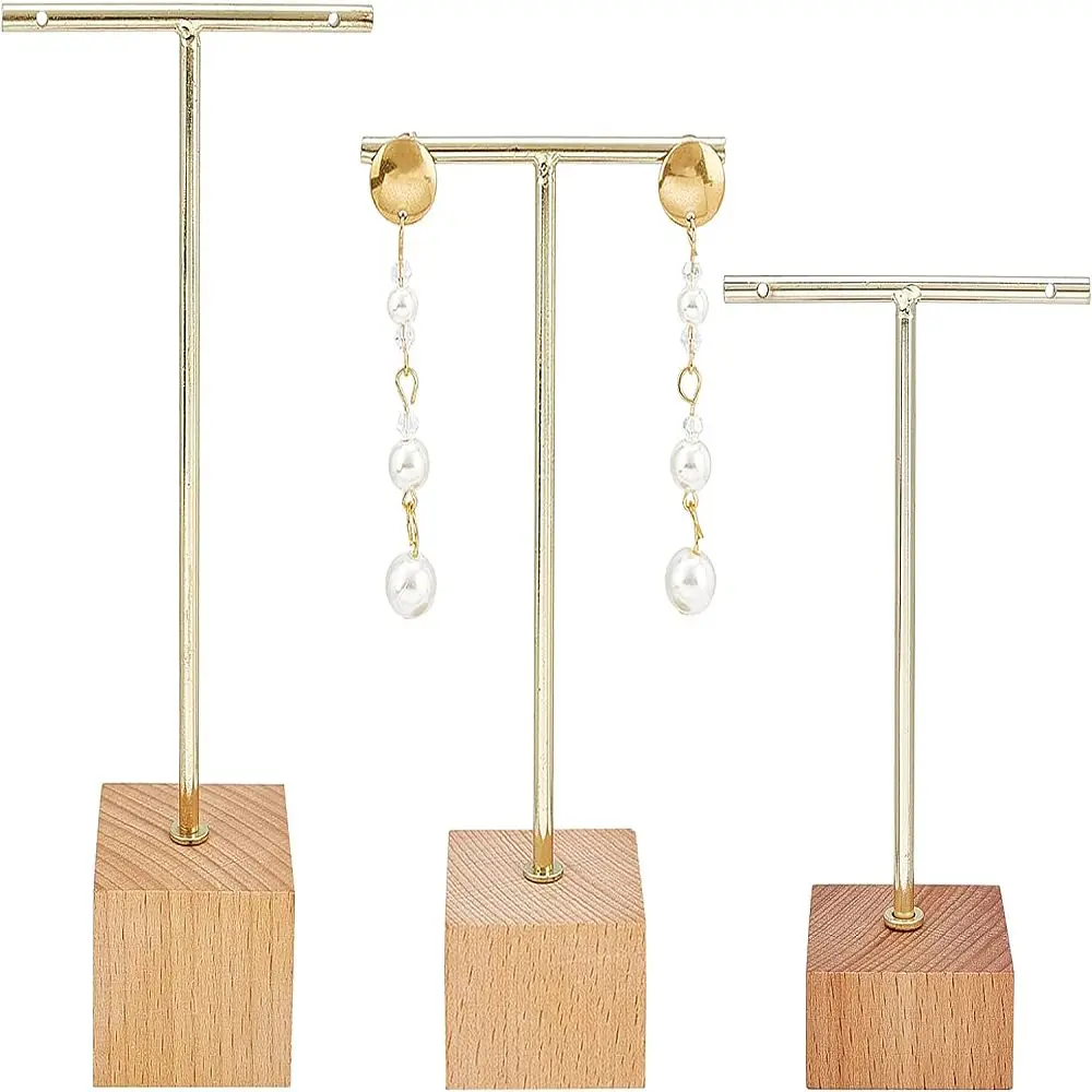 

Iron Earring Display Stands with Wooden Base Square Golden 40x70x114mm