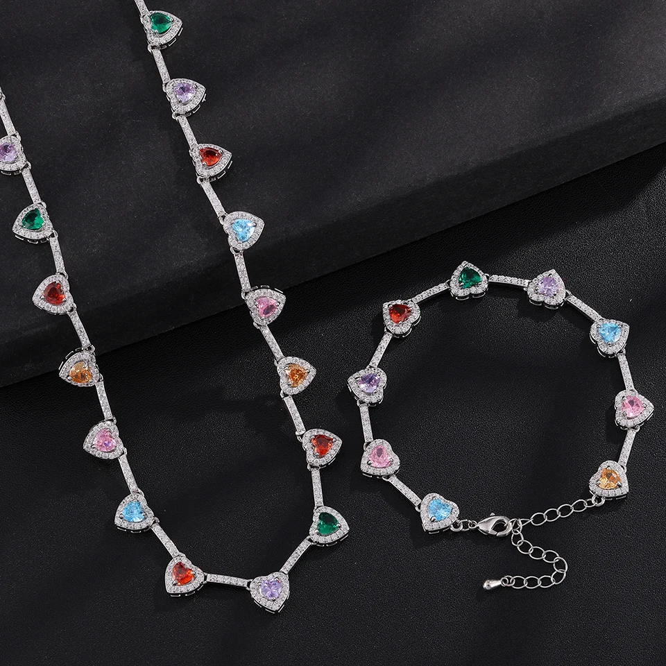 ZAKOL Hip-Hop-Mode-Set mit Regenbogen-Herz-CZ-Tennis-Armband und Halskette, vollständig mit AAA-Kubikzirkonia besetzt, Hip-Hop-Schmuck für Damen – Detail 13