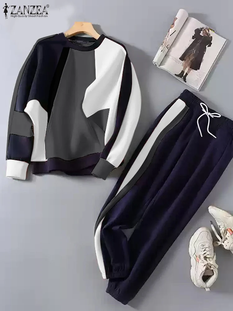 ZANZEA 2024 Fall Loose Tracksuits Long Sleeve Sweatshirts Sweatpants Casual Color Block 2pcs Outfits Streetwear Women Pant Sets