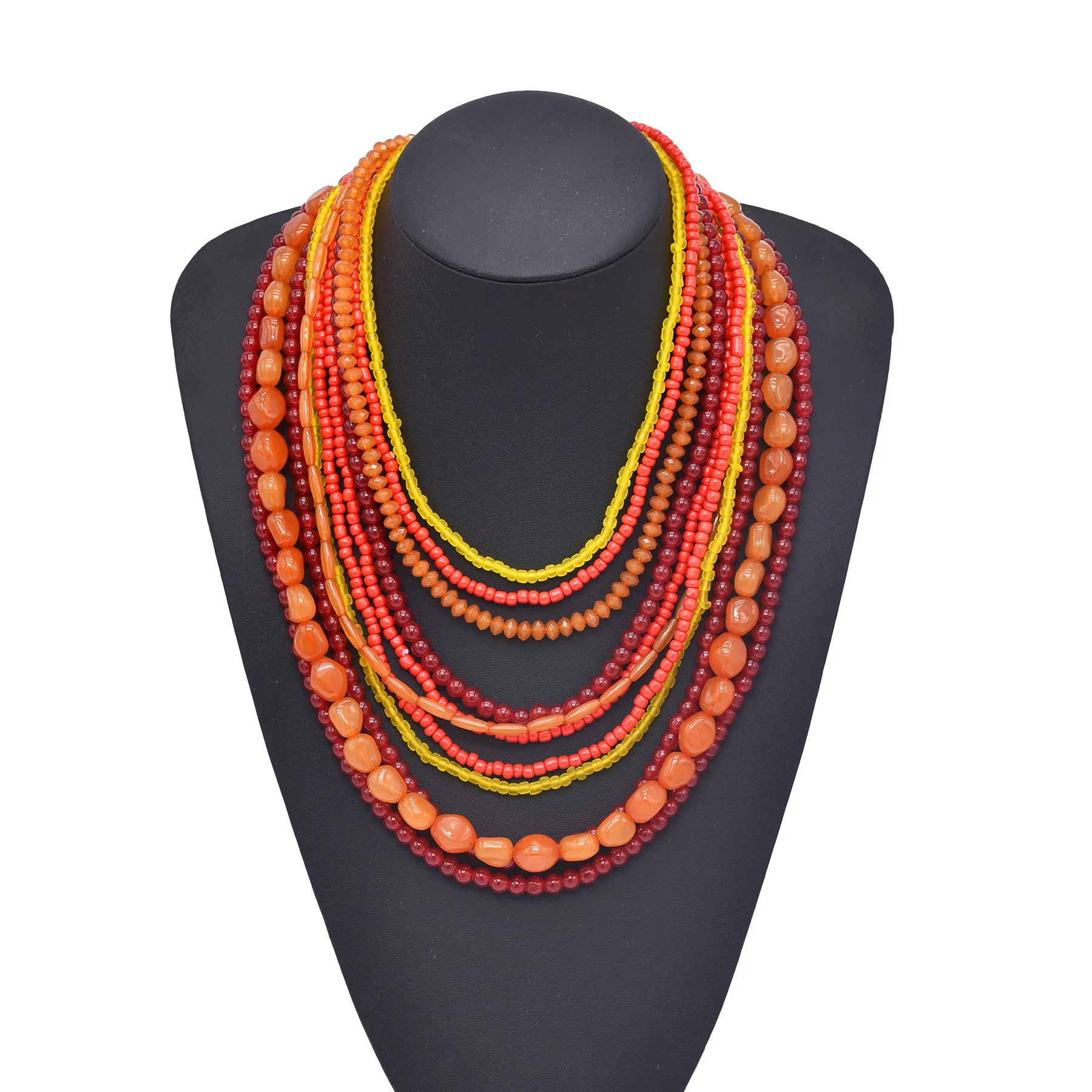 Multi Layer Orange Red Acrylic Resin Bead Necklace for Women European American Trendy Bib Choker Collar Neck Jewelry Accessories