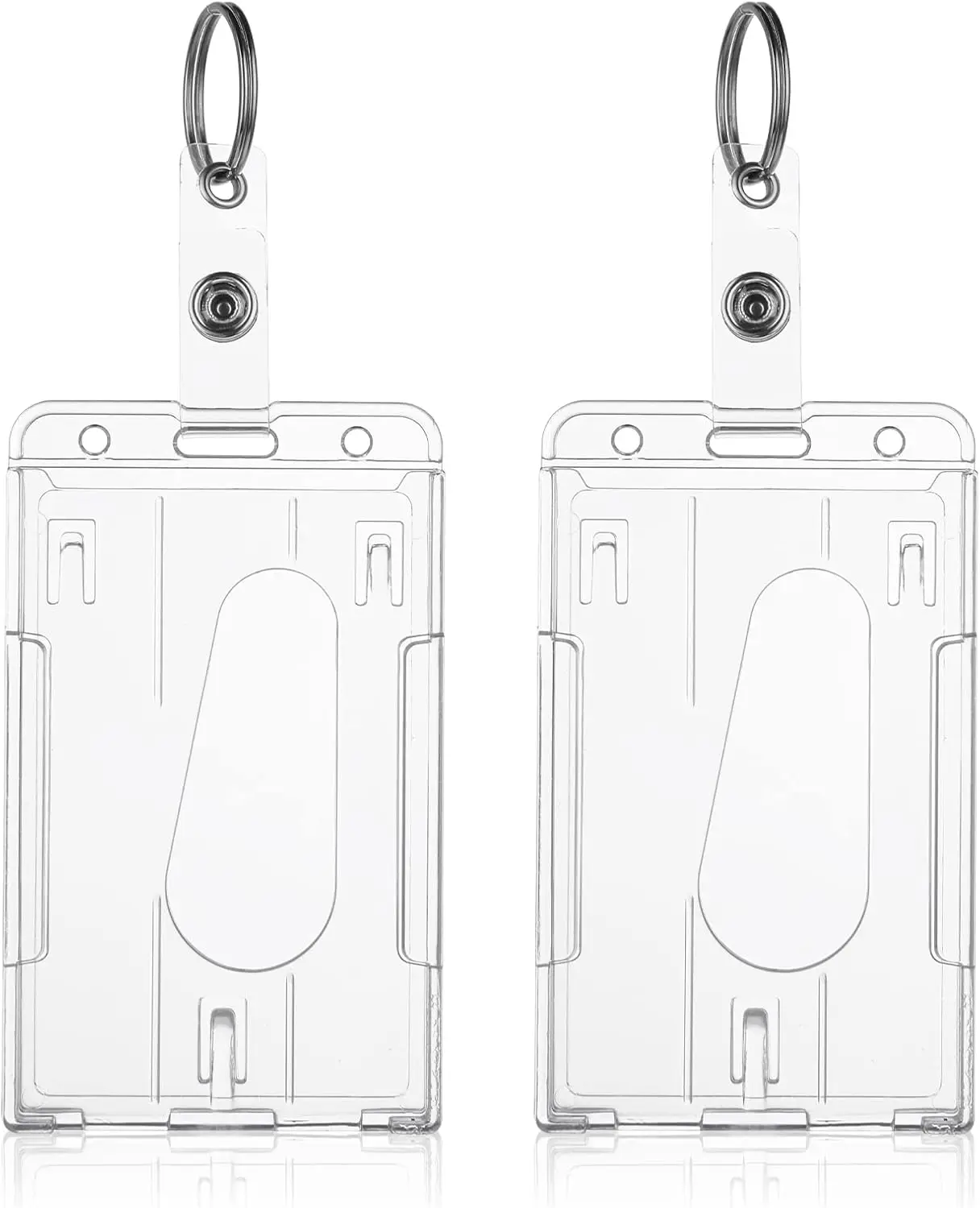 ID Card Badge Holder with Keyring, 2 Pack Heavy Duty Holders Keychain Hard Plastic Clear Protector Thumb Slot Case School Office