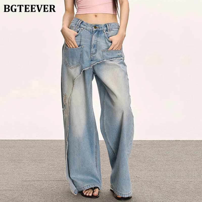 

BGTEEVER Stylish Loose Pockets Female Ripped Holes Straight Jeans Trousers Summer Vintage High Waist Wide Leg Ladies Denim Pants