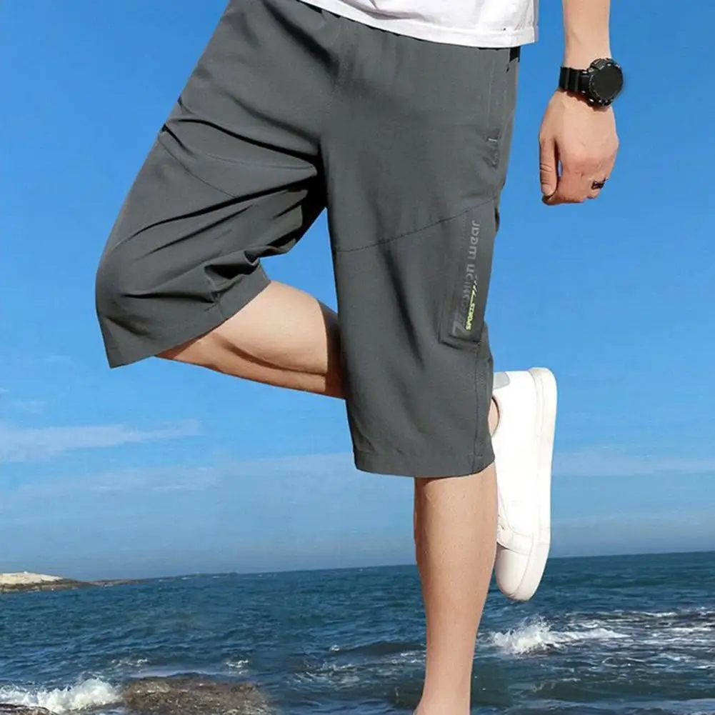 Thin Ice Silk Shorts Soft Breathable Men\'s Mid-calf Length Trousers with Elastic Waist Zipper Pockets Solid for Comfortable