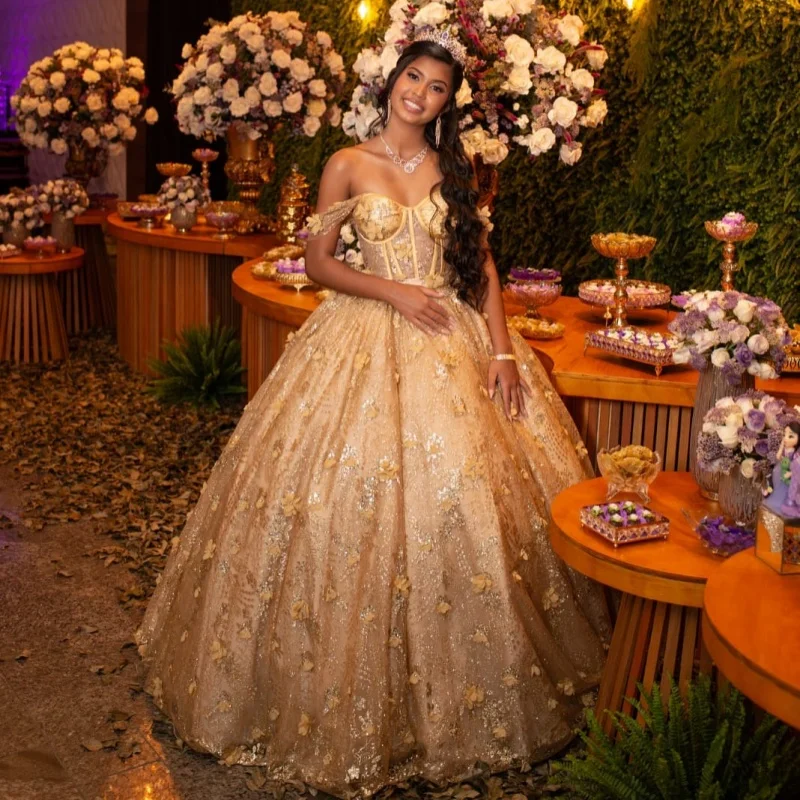 

Customized Shiny champagne gold Quinceanera Dresses Off the Shoulder Tull applique layering 3D flower Vestido De 15 Quinceanera